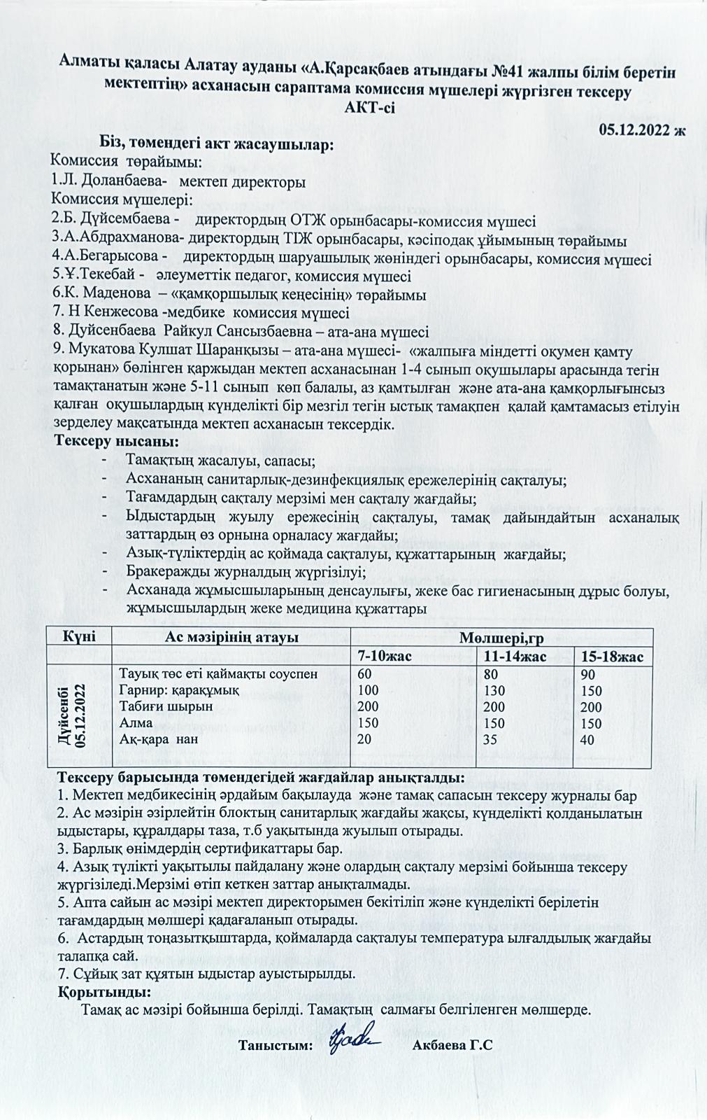 Сараптама комиссиясының тексеру АКТ-сі 05.12.2022 жыл